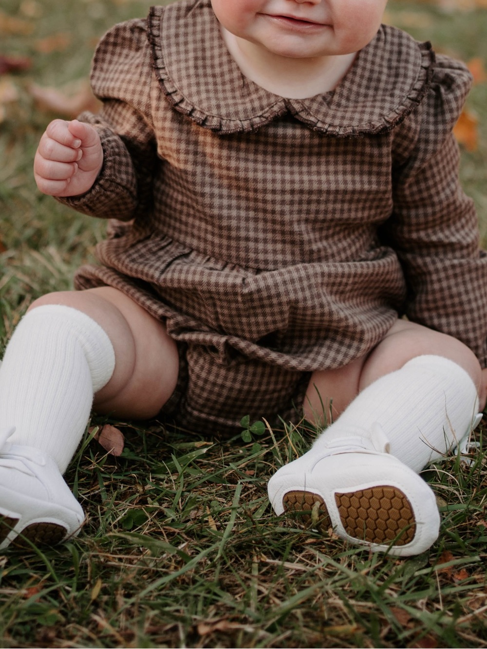 Brown Gingham Long-Sleeve Baby Bubble Romper